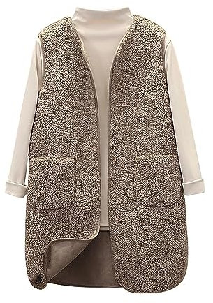Teddy Fleece Gilet For Women UK Ladies Lightweight Body Warmers Sleeveless Jackets Button Down Vest Coat Stand Collar Waistcoat Pocket Polar Fleece V Neck Jacket Faux Fur Leather Coats Khaki L