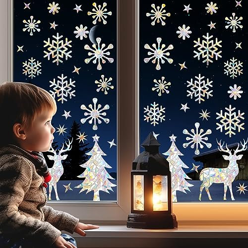 Yunkctuk 50 Stück Suncatcher Sticker, Prisma Fensteraufkleber für Vogelschutz, Regenbogen fensterfolie, Reflektierende Aufkleber,Vogel Anti Kollisions Fenster Aufkleber, Fensterbilder Weihnachten