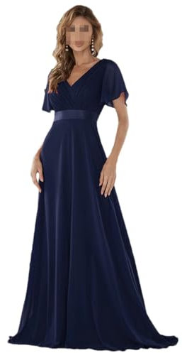 Long A Line Evening Dresses Short Sleeve V Neck Floor Length Long Gown Chiffon Bridesmaid Dress Navy Blue 24W#Floor Length