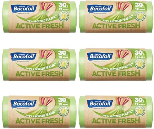 Bacofoil Active Fresh Bin Liners with Drawstring Handles 30L - Leak-Proof Bin Bag with a Citrus Fragrance to Prevent Odours (6 Rolls, 72 Bags)