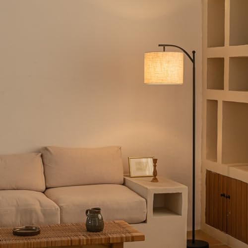 Home Sweet Home Moderner Stehleuchte | 49/49/150cm | Schwarz | Stehlampe mit Leinenschirm| Enthält eine E27 9W 2700k 806lm LED Lichtquelle | mit Fußschalter | geeignet für Wohnzimmer, Schlafzimmer