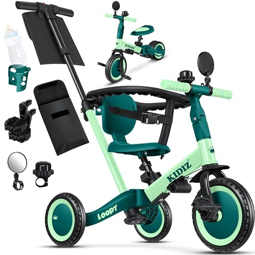 KIDIZ® 6in1 Laufrad Dreirad | Laufräder Lauffahrrad Kinderdreirad ab 1 Jahr bis 5 Jahre | Lauflernhilfe belastbar bis 25Kg | inkl. Lenkstange Sicherheitsbügel Sicherheitsgurt Klingel & Spiegel Grün