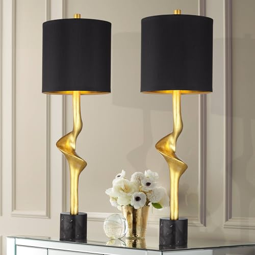 Possini Euro Design Minerva 32 Tall Modern Glam Luxe End Table Lamps Set of 2 Sculptural Gold Leaf Black Shade Living Room Bedroom Bedside Nightstand Office Home Reading Kitchen Entryway Console