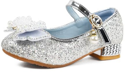 QUNUNOIRE-Prinzessin Schuhe Mädchen Glitzer Schuhe Kinder Stöckelschuhe Mädchen Pailletten Prinzessin Cosplay Schuhe Partys Hochzeiten Sandalen Elegante Mädchen Schuhe Silber 26 EU