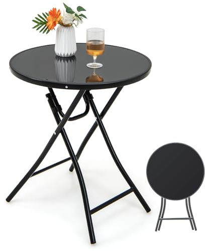 KOMFOTTEU Tavolino Pieghevole da Giardino, Tavolino Rotondo Ø 59 cm, Tavolini da Esterno con Ripiano in Vetro Temperato, Tavolo da Balcone Struttura in Metallo, per Terrazza, Veranda, Piscina, Nero