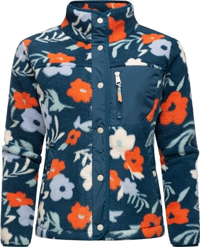 Ragwear Damen Plüschjacke im Blumenmuster kurze Teddyfleece-Jacke warm mit hohem Kragen und Brusttasche Appopis Print XS-6XL