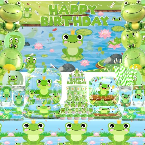 Obussgar Decoraciones de fiesta de cumpleaños con rana, accesorios para fiestas de rana, como telón de fondo, platos, decoración para tartas, taza, servilleta, globo, mantel, para 20 personas