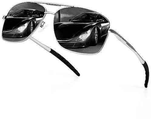 URUMQI Sonnenbrille Herren Damen Polarisiert Pilot Metallrahmen Sonnenbrillen UV400 Schutz Ultra Leicht Für Autofahren Angeln Golf Silberner Rahmen
