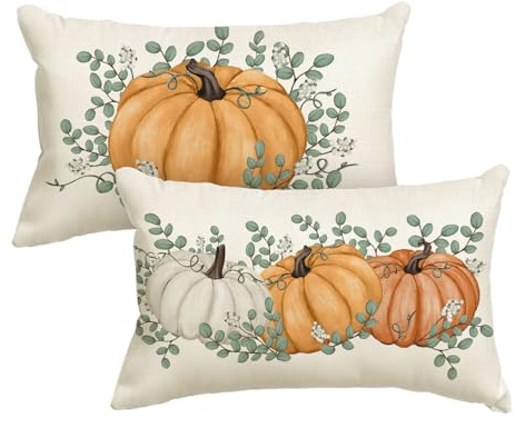 Artoid Mode Kürbisse Eukalyptus Herbst 30x50 cm 2er Set Kissenbezüge | Saisonal Fall Zierkissenbezug Cushion Cover Couch Wohnzimmer Deko