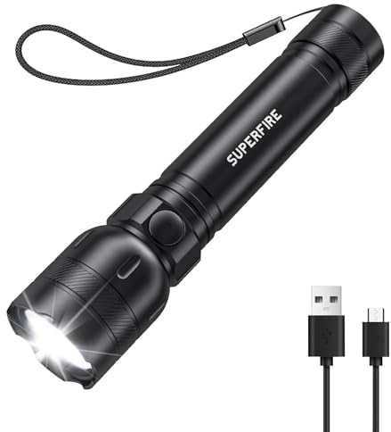 SuperFire LED Taschenlampe Aufladbar, 1200LM Extrem Hell Taschenlampe, Klein Torch Eingebaut 1700mAh Akku 5 Lichtmodi Taschenlampen Aufladbar für Camping, Outdoor, Wandern