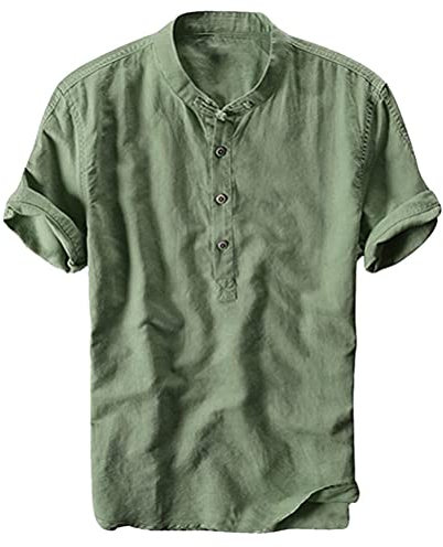 Minetom Chemise Homme À Lin Chemise a Manche Courte À Carreaux ou Imprimé avec Signature Broderie A Vert L