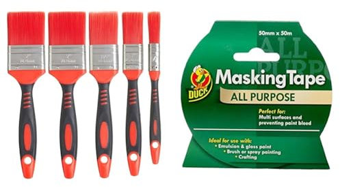 Fit For The Job 5 pc Loss Free Soft Grip Paint Brush Set for a Smooth Finish & Duck Tape All Purpose Masking Tape 50mm x 50m, indoor painting and decorating