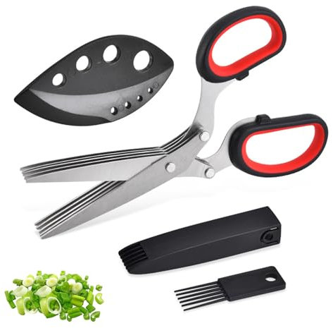 Ciseaux à Herbes, Ciseaux de Cuisine à 5 Lames en Acier Inoxydable, Ciseaux à Épices Ciboulette Avec Couvercle de Sécurité et Peigne de Nettoyage Pour les Herbes Aromatiques, la Ciboulette,Noir Rouge