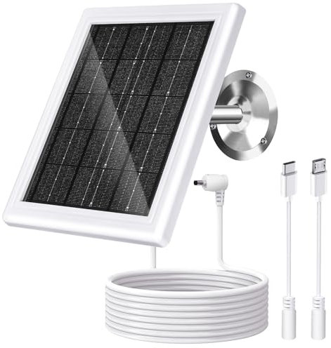Ring Solar Panel Charger, 5W Solar Panel for Security Camera, Compatible for Ring Camera with Battery, Waterproof Solar Panel with Type-C, Micro USB and DC Port Cable for Most Cameras (White,