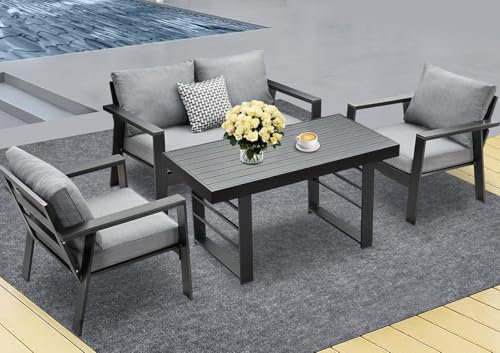 MeXo Terassenmöbel Außen Aluminium wetterfest 130x66x66cm Esstisch, mit bequemer Neigung der Lehne, Garten Loungemöbel Set Alu Metall, grau