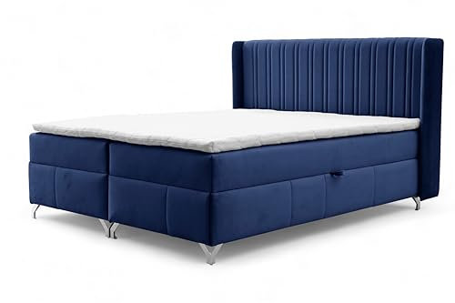 FURNISTAR Boxspringbett Maddie mit Bettkasten Bett mit Topper und Bonellmatratze Polsterbett Familienbett Schlafzimmer Bett mit Stauraum (Dunkelblau, 180x200)