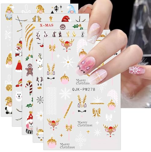 JMEOWIO 10 Sheets Christmas Nail Art Stickers Decals Self-Adhesive Glitter Snowflake Xmas Winter Holiday Gold Nail Supplies Nail Art Design Decoration Accessories