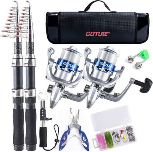 Goture Angelset mit 2 Teleskop-Angelruten (24T Carbon), 2,5m Angelrute Set Komplett 2 5.2:1 Spinnrolle, Schnur, Köderbox & Tragetasche – für Salz-/Süßwasser, Reisen–Angelgeschenk