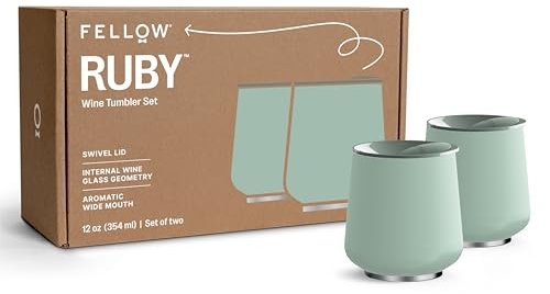Fellow Ruby Lot de 2 verres à vin et cocktail isothermes en acier inoxydable avec intérieur en céramique et couvercle pivotant en galet – 355 ml, Mint Chip
