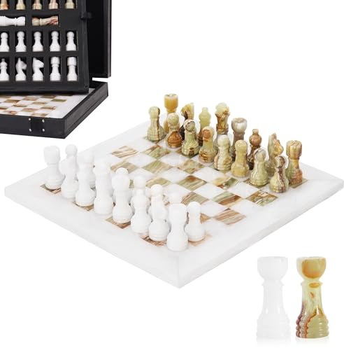 Marmor-Schach-Set für Erwachsene, 25,4 cm, handgefertigtes weißes & grünes Onyx-Brettspiel mit 32 Schachfiguren, 2 zusätzlichen Königinnen & Aufbewahrungsbox, luxuriöses Reisespiel, elegantes Geschenk