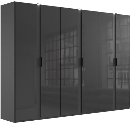 Lomadox Kleiderschrank 300 cm breit Schlafzimmerschrank Drehtürenschrank Schrank modern mit Glasfronten und Beleuchtung in grau