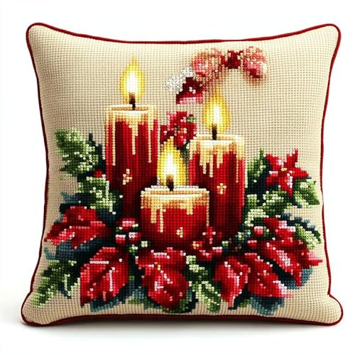 11CT Kreuzstich Kissen Vorgedruckt, Weihnachtskerzen Stickkissen mit Muster 45X45cm Stickset für Kreuzstichkissen Kreuzstich Kissen zum Basteln Stickkissen Stickpackung