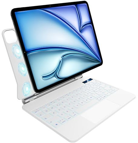 Tastatur Hülle für iPad Air 11 Zoll (M3 2025/M2 2024), Air 5./4. Gen., iPad Pro 11 Zoll 4./3./2./1. Gen.,Trackpad, Akkustatusanzeige,7-farbiger Hintergrundbeleuchtung,Magnetverschluss,QWERTZ,Weiß