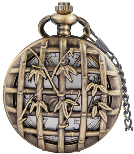 Tiong Bronzefarbene hohle Bambusblätter Design Herren Taschenuhr arabische Ziffern Quarz Taschenuhren mit Kette für Männer Frauen, 51-Bronze, Klassisch