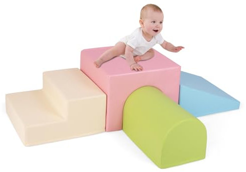 COSTWAY 4 PCS Parcours Motricité Bébé en Mousse avec Housse Amovible en PU, Module Motricité Bébé avec Toboggan & Différentes Formes, Jouets Éducatifs Colorée pour Grimper Ramper (Rose+Beige)