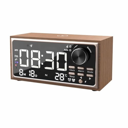 Boddceto Vintage Dual Alarm Clock Radio mit Kabellosem Laden, FM-Radio, LED-Display und Dimmersteuerung für das Schlafzimmer.