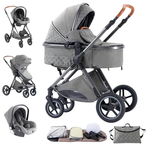 Mobayta Kinderwagen 3 in 1 Komplettset Baby Kombikinderwagen bis 22kg, Zusammenklappbar, Große Gummireifen, Großer Einkaufskorb, Warmer FußsackOrganizer Tasche (H2 DEEPGREY, H2)