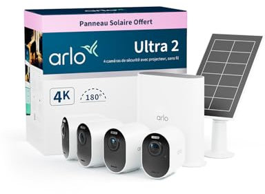 Arlo Ultra 2 4K avec SmartHub plus Panneau Solaire Offert, Camera Video Surveillance WiFi Exterieures Sans Fil, Vision Nocturne Couleur, Compatible Alexa, Essai Arlo Secure Inclus, Pack de 4 Cameras