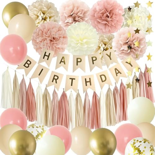 Acidea Decorazione Boho Happy Birthday per ragazze e donne, retro rosa polveroso rosa cipria rosa cipria decorazioni per feste, palloncini ghirlanda kit di buon compleanno banner baby shower forniture