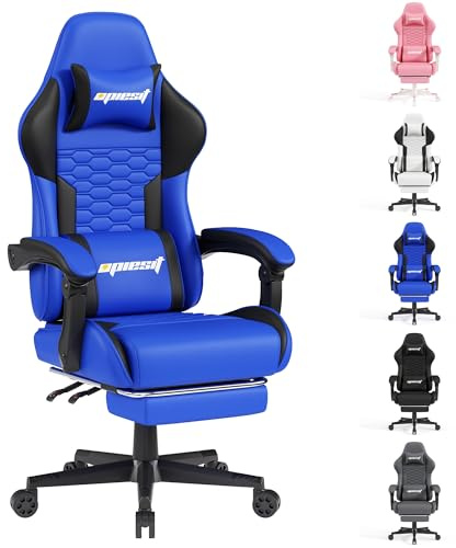 Opiesit Gaming Chair, Computer Office Chair with Footrest, Linkage Armrests and Lumbar Support, High Back Ergonomic Gamer Chairs for Adults, Blue