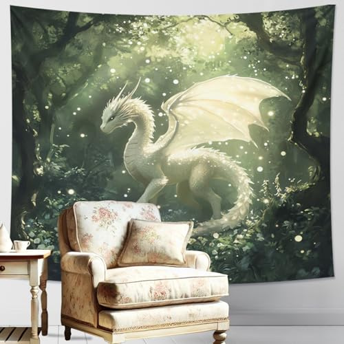 Mystischer weißer Drachen-Wandteppich, Zauberwald, Wandbehang, magische ästhetische Dekoration für Wohnzimmer, Schlafzimmer und Wohnheim, Natur-Themen-Heimakzente 203 x 152 cm