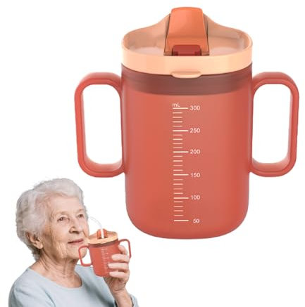 WRQIOO Schnabeltasse Senioren, 300 ml Auslaufsichere Becher für ältere Menschen, Schnabelbecher Senioren mit Griffen, Trinkbecher für Se-nioren, Erwachsenen Schnabelbecher mit Deckel und Strohhalm