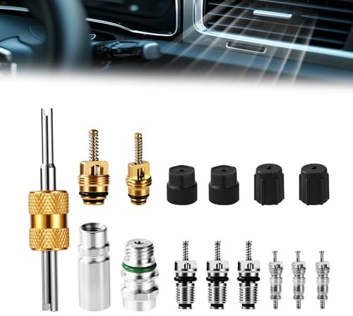 Lyreh 15uds Kit Núcleo Válvula Aire Acondicionado, Núcleos Válvula Refrigeración con Juntas Teflón y Tapas para R12 R134a Herramientas Reparación HVAC Coche para Mantenimiento Línea Acondicionado