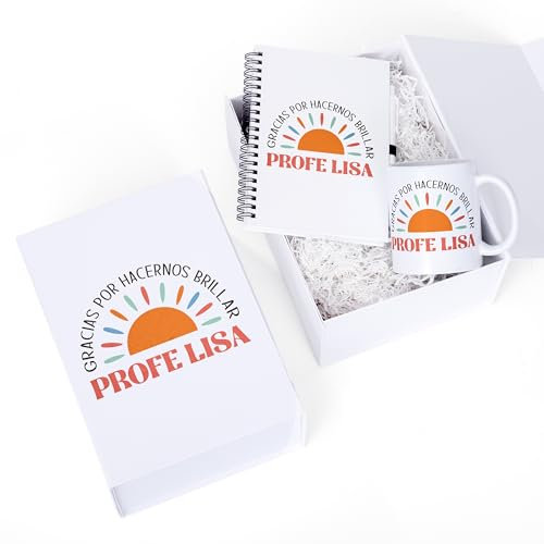 Made in Gift - Caja Premium con Taza y Cuaderno Personalizado - Regalo Original para Profesores Fin de Curso | Detalle Agradecimiento Maestro o Maestra | Caja 25x18x11cm (Nos haces brillar)