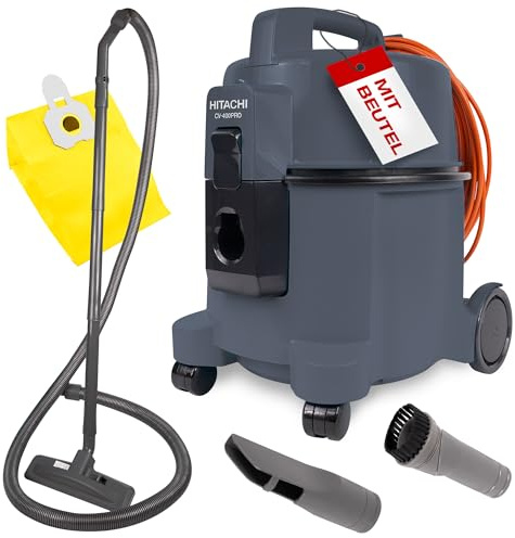 HITACHI Staubsauger CV-400P PRO + Beutel + HEPA Filter 4,5L - Profi Bodenstaubsauger 880W leise 74 dB, 13m Radius, Teppichdüse & Zubehör, Gewerbesauger Haushalt & Industrie - beutellos nutzbar (Grau)