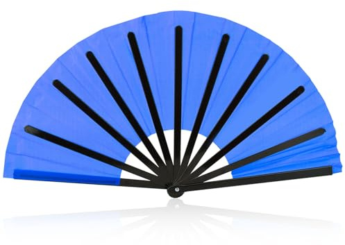 BOXOB Large Foldable Hand Fan, Plastic Fabric Rave Folding Held Handheld Fan Manual Portable for Line Dancing Wedding Party Decoration Performance Supplies (Royal Blue)