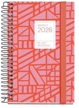 Miquelrius - Veckovisningskalender 2026, liten och bärbar (80 x 120 mm), veckoplanering, hårt kartongomslag, spiral, elastisk gummiförslutning, papper 80 g/m², ES-EN-PT, Baden