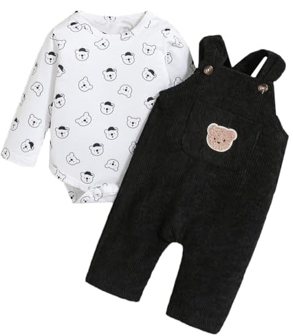 QUNERY Newborn Baby Boy Clothes Corduroy Bear Print Long Sleeve Tops and Suspender Pants with Pocket Overalls Black 12-18 months