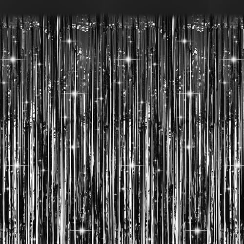 4er Set Lametta Vorhang Schwarz Party Deko, Vorhänge Schwarz Glitzervorhang Lametta als Silvester Deko 2026, 1x2m Glitzer Vorhang Geburtstag Lamettavorhang Folie Fransenvorhang für Foto Hintergrund