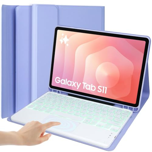 EHLCYS Keyboard Case for Samsung Galaxy Tab S11 5G 11 Inch 2025 Model (SM-X730/X736B), 7-Color Backlit Detachable Smart Trackpad Wireless Bluetooth Keyboard, Ultra-Thin Cover with Mouse,Lila
