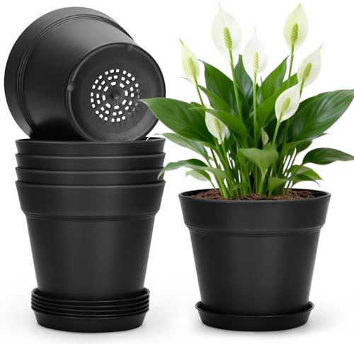 KINGLAKE 15cm Blumentöpfe mit Untersetzer - 6 Stück Pflanztöpfe Klein, übertopf Pflanztopf, Blumentopf Kunststoff Set, Topf Kleine Flower Pot für Pflanzen Kakteen Kräuter-Schwarz