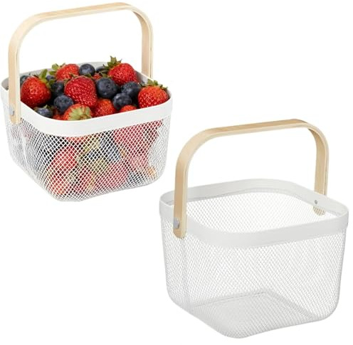 Drahtkorb mit Henkel,Garten-Erntekörbe,Eckiger Aufbewahrungskorb,Tragekorb im Loft-Style,für Küche Bad Picknickc,18 x 24,5 x 24,5 cm,2 Stück(Weiß)