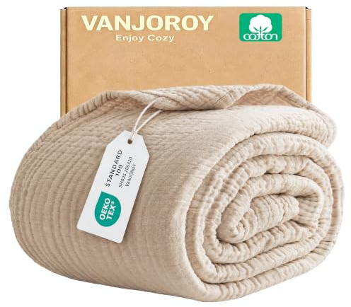 VANJOROY Musselin Tagesdecke 230x250cm-100% Baumwolle 6-Lagen Oeko-Tex Zertifizierte, Weiche Leichte Sommerdecke als Kuscheldecke, Bett-Überwurf, Baumwolldecke für Sofa und Bett. Beige