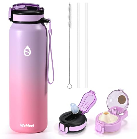 WEMEET 500ml Isolierte Edelstahl Trinkflasche mit Strohhalm & 2 Deckel, BPA-Frei, Auslaufsichere Sport Wasserflasche für Wandern, Gym, Schule, Travel (Lila Rosa)