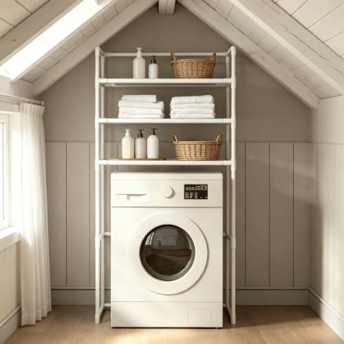 TYNGBT Over the Washer Storage Unit, 3 Tier Laundry Organizer Rack | Space-saving over washing machine organizer rack with wall fixings and 3 open tiers.(White)