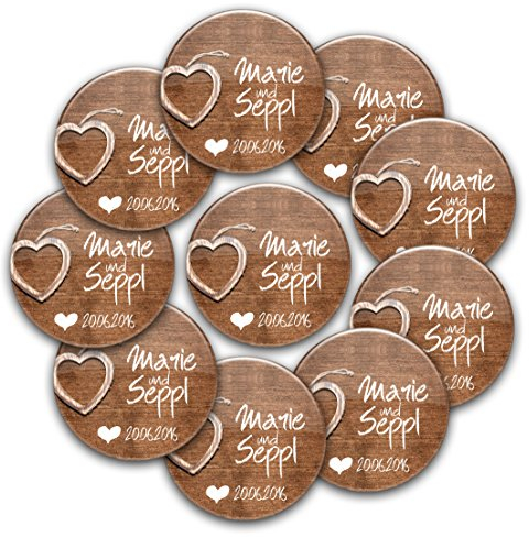 stylebutton - personalisierte Hochzeits-Anstecker: Gäste-Buttons woodenHeart als Gastgeschenk und zur Erinnerung für Braut, Bräutigam, Verwandte und Freunde und JGA (20 Stück)